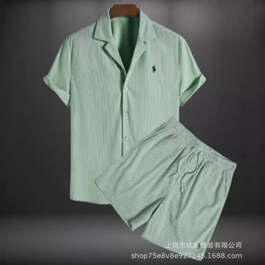 男装衬衫休闲宽松短袖短裤冰丝套装-CY